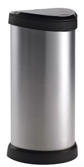 Curver Metal Effect One Touch Slim Deco Kitchen Work Waste Bin 40L - Silver