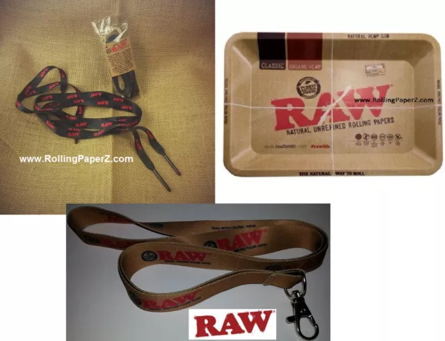 RAW rolling papers SHOE LACES with POKER TIPS + LANYARD + 5x7 MINI METAL TRAY