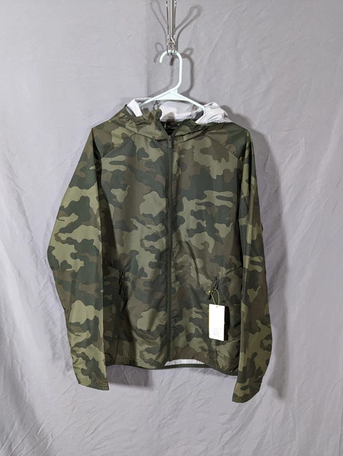 All in Motion Green Camo Jacket Mens Windbreaker Packable Hooded Medium Med