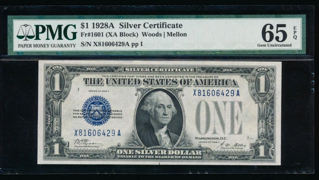 AC 1928A $1 Silver Certificate PMG 65 EPQ X-A block  Fr 1601