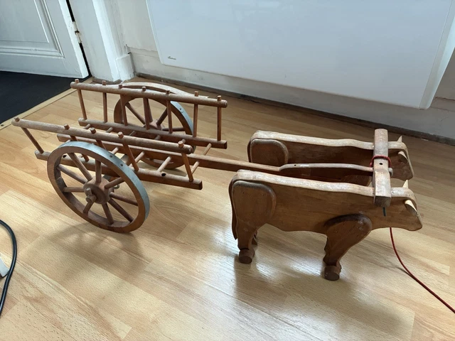 Jouet Ancien Attelage Cheval à Roulettes Et Remorque - Tôle Et Bois, France 1920