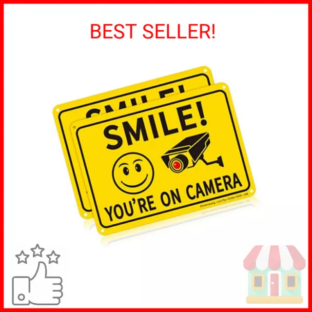 2-Pack Smile You’re on Camera Sign, Video Surveillance Signs Outdoor, UV Printed