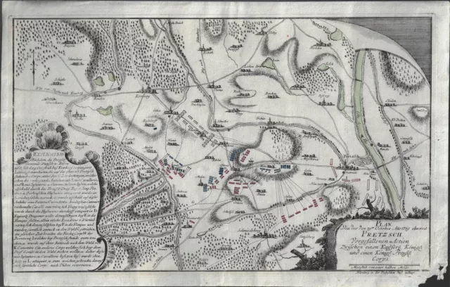 PRETZSCH: Schlachtplan von 1758, Siebenjäriger Krieg, ankolorierter Kupferstich