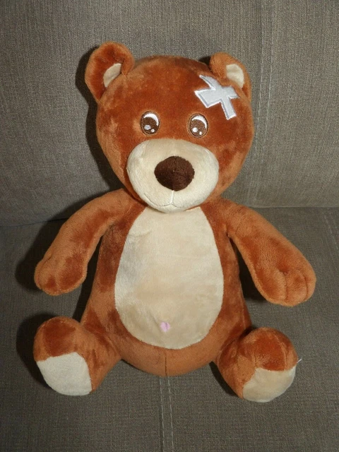 Doudou Peluche Ours Assis Marron Beige Pansement Sur La Tête 32 cm