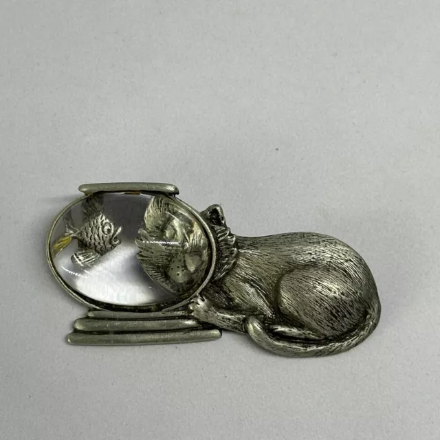 Vintage Cat Goldfish Matte Silver Tone Brooch Pin Signed JJ Jonette Jewelry