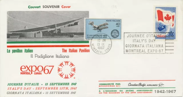 1967 CANADA MONTREAL EXPO 1967 ITALY'S DAY Special Event Postmark TWO-COUNTRY!!!