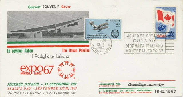1967 CANADA MONTREAL EXPO 1967 ITALY'S DAY Special Event Postmark TWO-COUNTRY!!!
