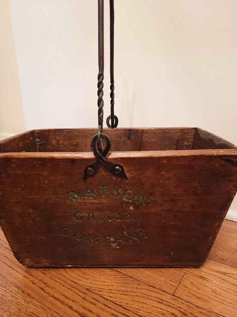 Vintage Primitive Wood Watson Grain Co. Advertising Box with Swing Iron Handle