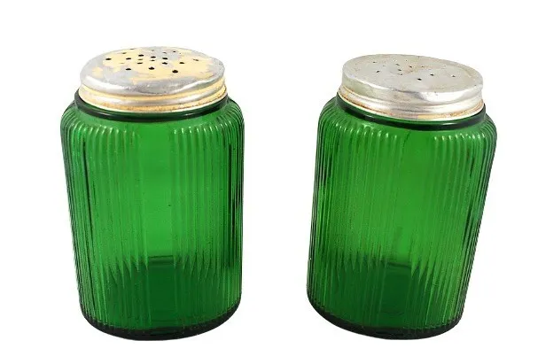 Vintage Owens 1930 Emerald Green Hoosier Ribbed Glass Jar Pair