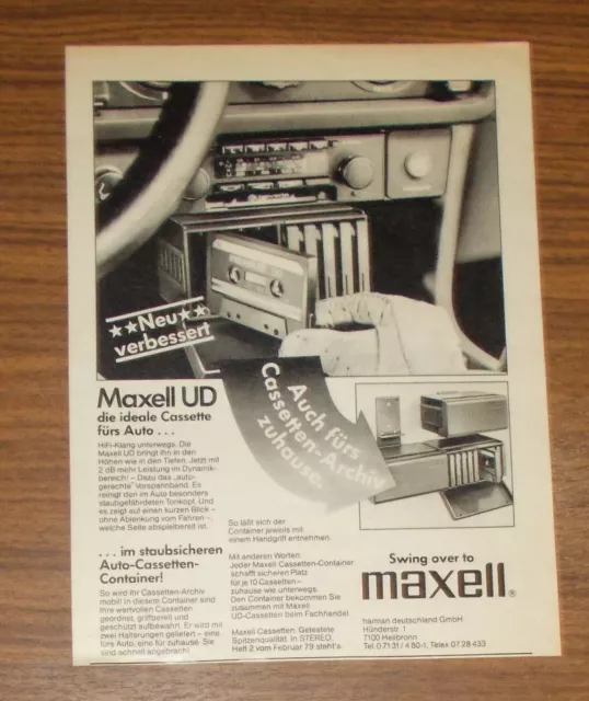 Seltene Werbung MAXELL UD - Die Cassette fürs Auto Auto-Cassetten-Container 1979