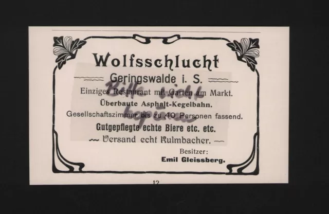 GERINGSWALDE, Werbung 1905, Emil Gleissberg Wolfsschlucht Restaurant Asphalt-Keg