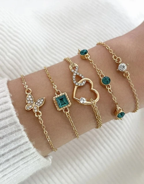 Lot De 5 Bracelets Dorés Femme - Alliage Or Avec Pierres Vertes - Style Multi-rangs Manchette