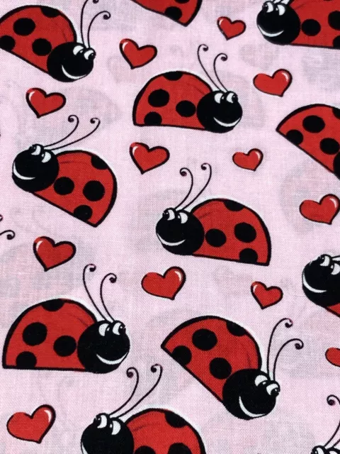 Brother Sister Design Studio Cotton Fabric Lady Bugs and Hearts on Pink 1 Yard