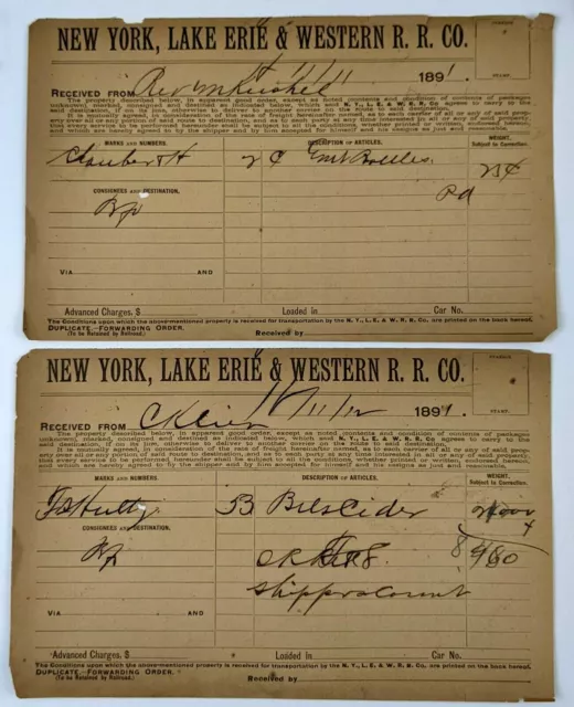1891 New York Lake Erie & Western Railroad Co Vintage Receipt Invoice Bill Set