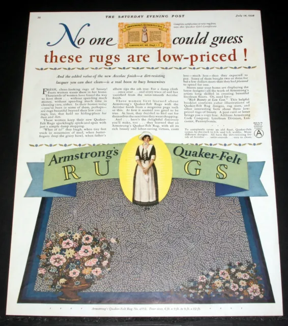 1928 Old Magazine Print Ad, Armstrong Quaker-Felt Rugs, With New Accolac Finish!