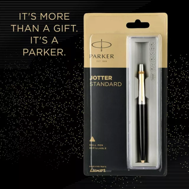 Parker Jotter Standard Black Barrel Body Gold Trim GT BallPoint Pen, Blue Ink