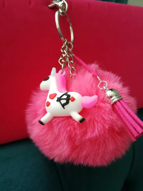 Fab Pink Pompom with Unicorn and suede tassel Keyring/Hand Bag Charm UK Seller