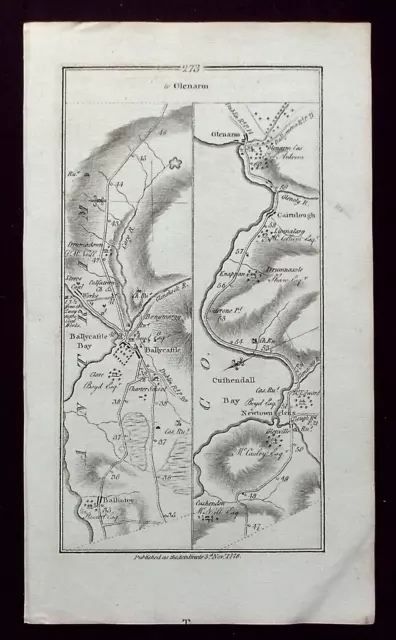 IRELAND, BALLYCASTLE, GLENARM, LIMAVADY, antique road map, Taylor & Skinner 1783