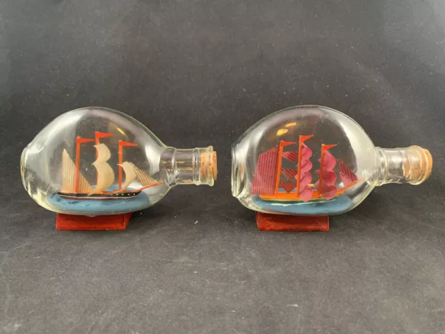Set of 2 Ships In a Bottle Three Sided Bottle Ships With White Sails & Red Sails