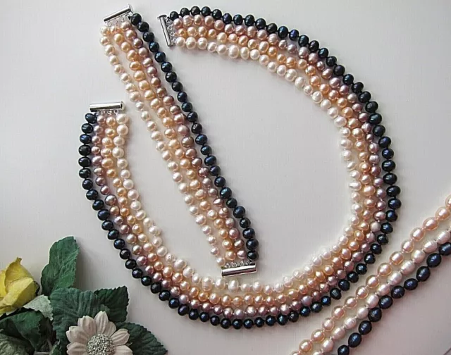 34 Rows Cultured Pearl Necklace; Black Grey White, Pink, Purple 17" & 21 long