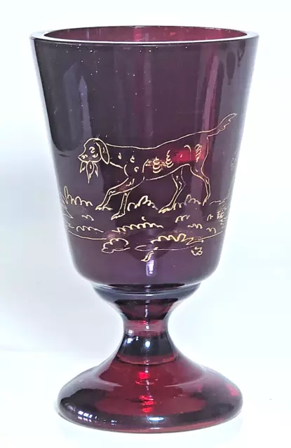 Antique Vase Foot Or Glass Crystal Bohemian Red Engraved Dog Of Hunting 19th