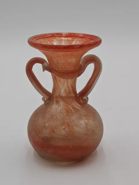 Vintage Lafiore Spanish Hand Blown Orange Glass Double Handled Vase Textured