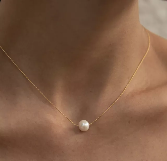 Dainty Single Round Genuine Freshwater Pearl Pendant Necklace 18k Gold Plated