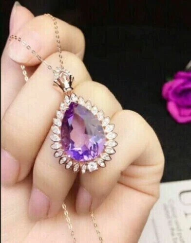 2.00Ct Lab Created Amethyst Tear Drop Halo Pendant Necklace 14K Rose Gold Plated