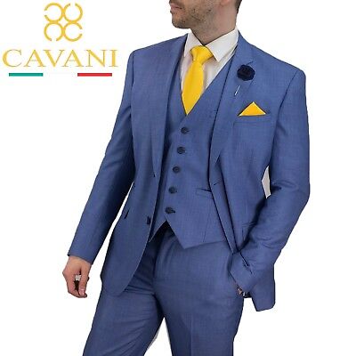 Mens Designer Cavani Stylish Light Blue Wedding Formal 3 Piece Suit NEW