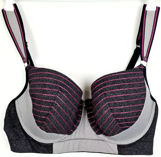 Q-Linn Ladies Grey Pink Sports Bra Underwired Padded Adjustable Straps Size 14D