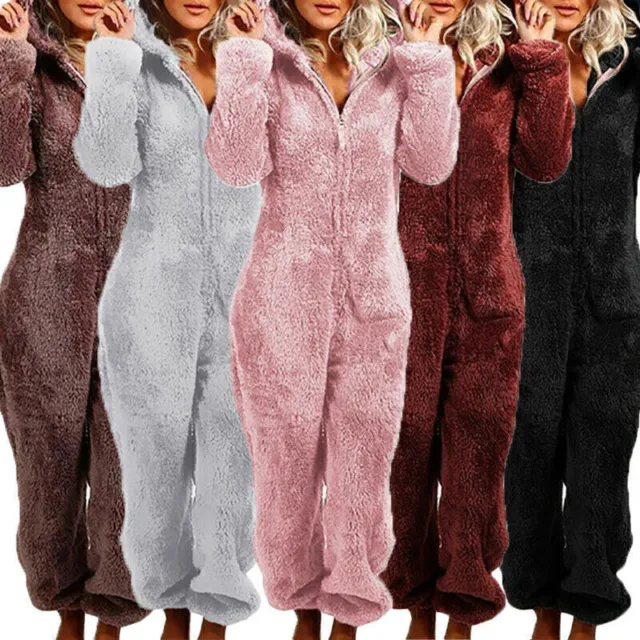 Womens Ladies Fluffy Fleece Teddy 1Onesie Cosy Hooded Jumpsuit Pyjamas Sleepwear