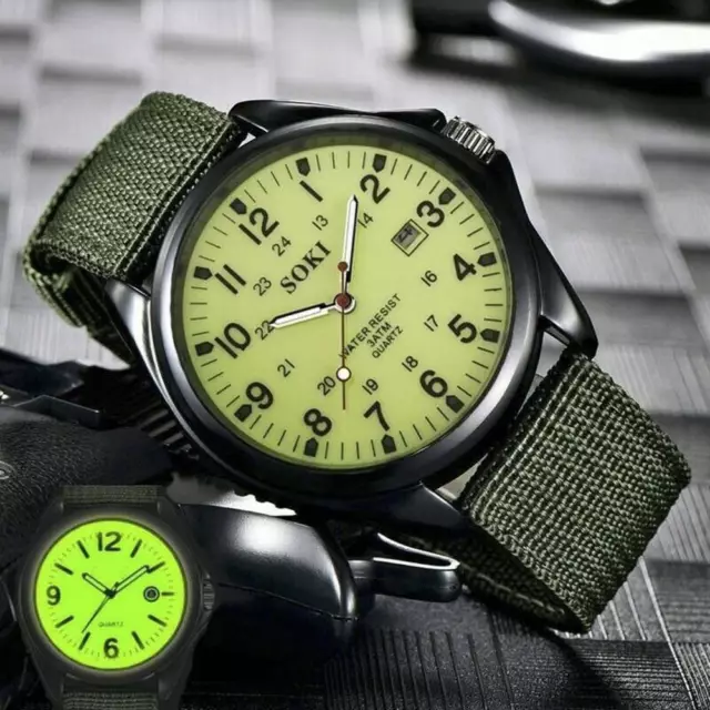 Armbanduhr Militär Herren Armee Stoff Uhrenband Grün Quarz Sport Wrist Watch DE