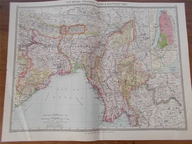 Antique c1904 Colour Map of THE BENGAL PROVINCES & BURMAH HARMSWORTH ATLAS