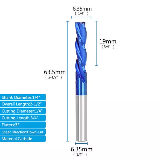 CNC 3 Flöten Spiralfräser Hartmetall-schaftfräser 1/4" Welle Unten Schneider