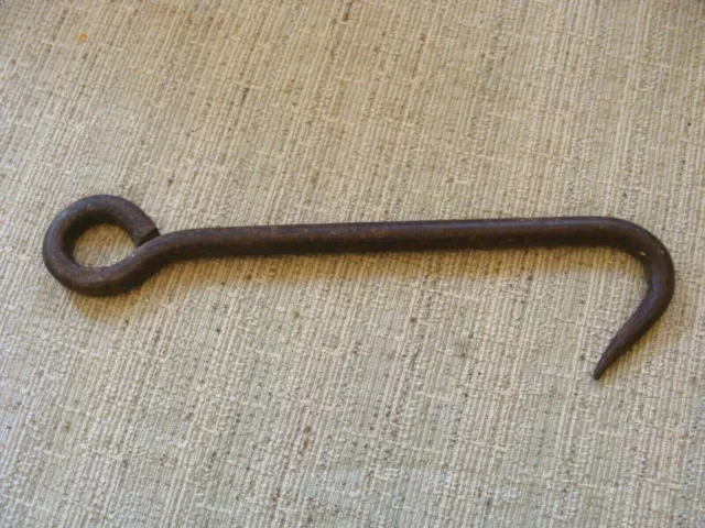 Large Primitive Antique Hand Wrought Forged Iron Hook Farm Door Latch Tool 13.5"