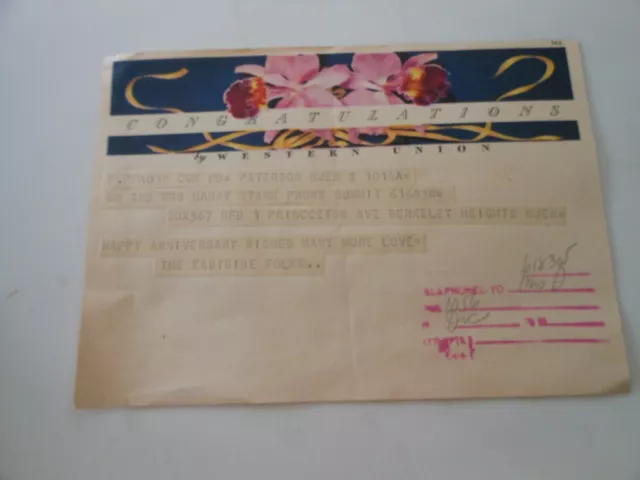 c1950 Happy Anniversary Western Union Telegram (NJ)