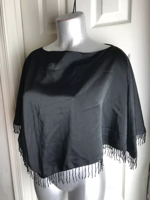 NWT Collection XIIX Bloomingdales Women's Short Cape Poncho Fringe Bead- Black -