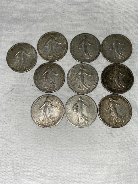 France Lot de 10 pièces de 1 Franc Semeuse en Argent 1908 1912 1915 1916 1917