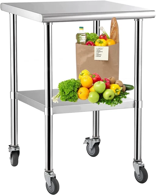 Stainless Steel Kitchen Prep & Work Table 4 Casters (Wheels) - 24 in. x 24 in.