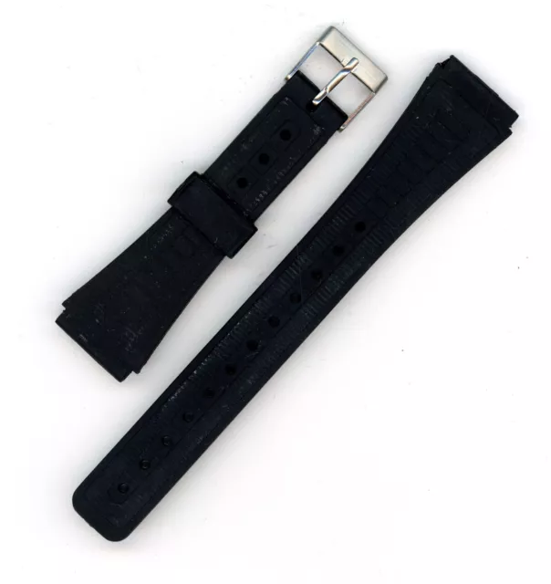 Black rubber 18mm wrist watch strap band vintage NOS silver tone buckle #15