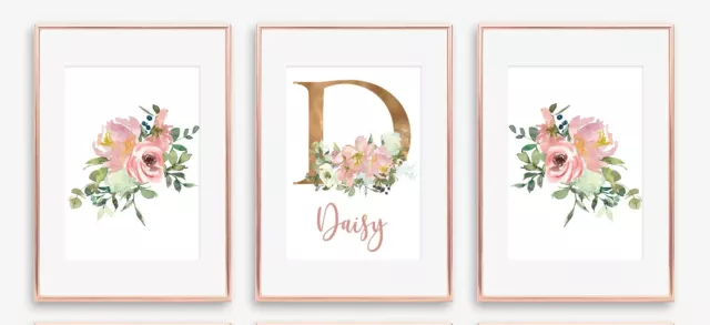 Set of 3 x A4 Nursery/home/baby Wall Print Name Girls Floral Christmas Gift