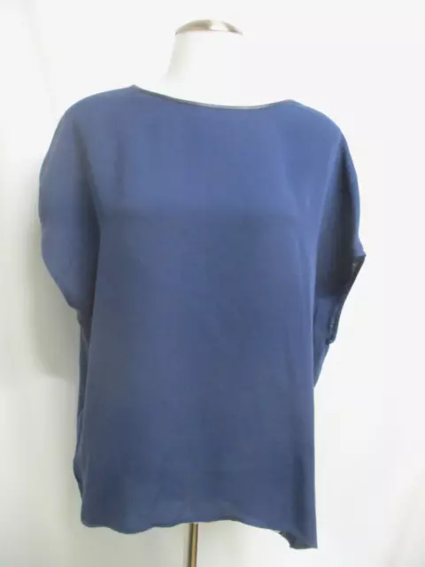 VINCE blue silk linen leather trim short sleeve shirt top blouse sz M