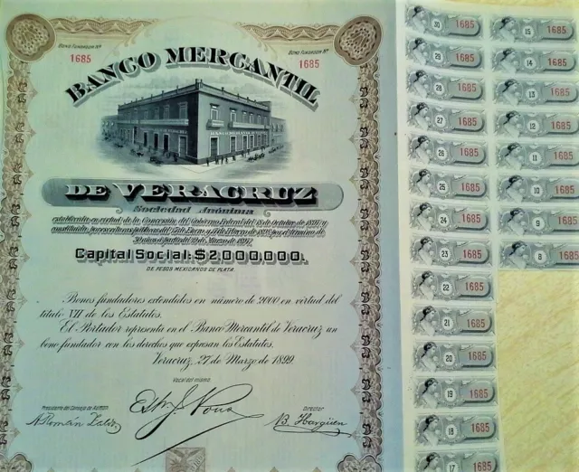 Mexico 1899 Banco Bank Mercantil Veracruz BONO FUNDADOR Pesos Coupons Bond Loan