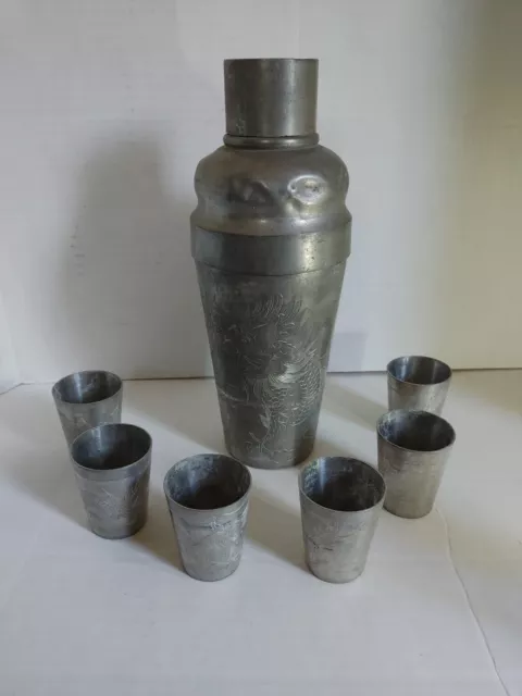 Chinese Nguan Huikee Swatow No.1 Pewter Cocktail Shaker And Cups Dragon