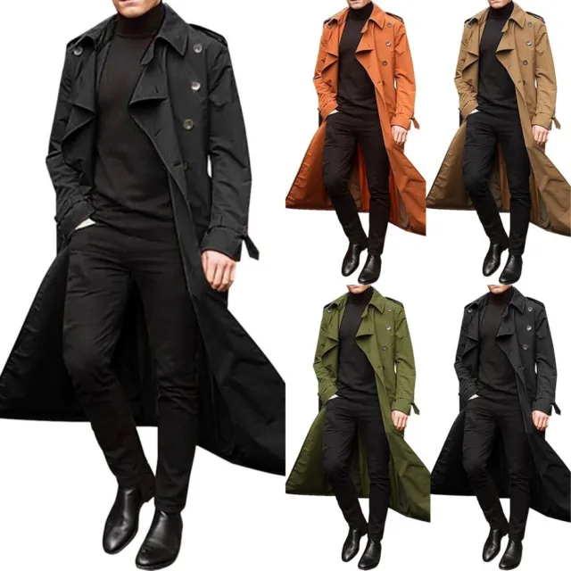 Mens Winter Trench Coat Long Jacket Overcoat Double-Breasted Warmer Outwear