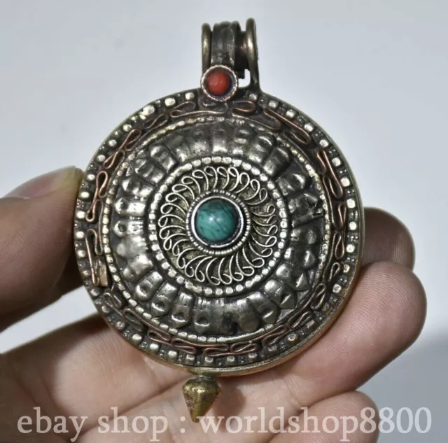 2.6 " Old Chinese Silver Gilt Turquoise Red pine stone Box Pendant