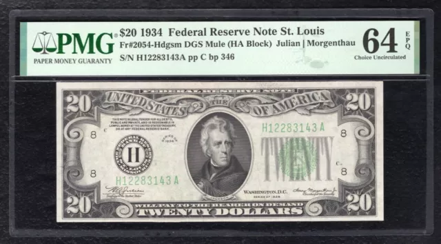 FR. 2054-Hdgsm 1934 $20 FRN FEDERAL RESERVE NOTE ST. LOUIS, MO PMG UNC-64EPQ (F)