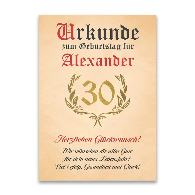 URKUNDE ZUM 30. Geburtstag Geburtstagsdeko Geburtstagskarte