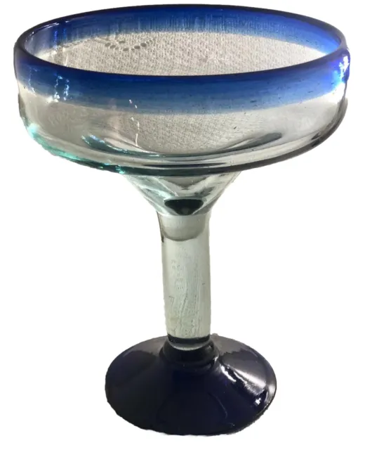 Large Cobalt Blue Hand Blown Bubble Glass Compote/Margarita Goblet- Rough Pontil