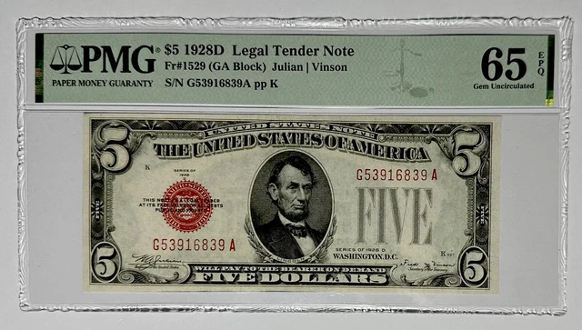 UNITED STATES 1928D $5 LEGAL TENDER NOTE FR#: 1529. PMG Graded: 65 EPQ. KEY DATE